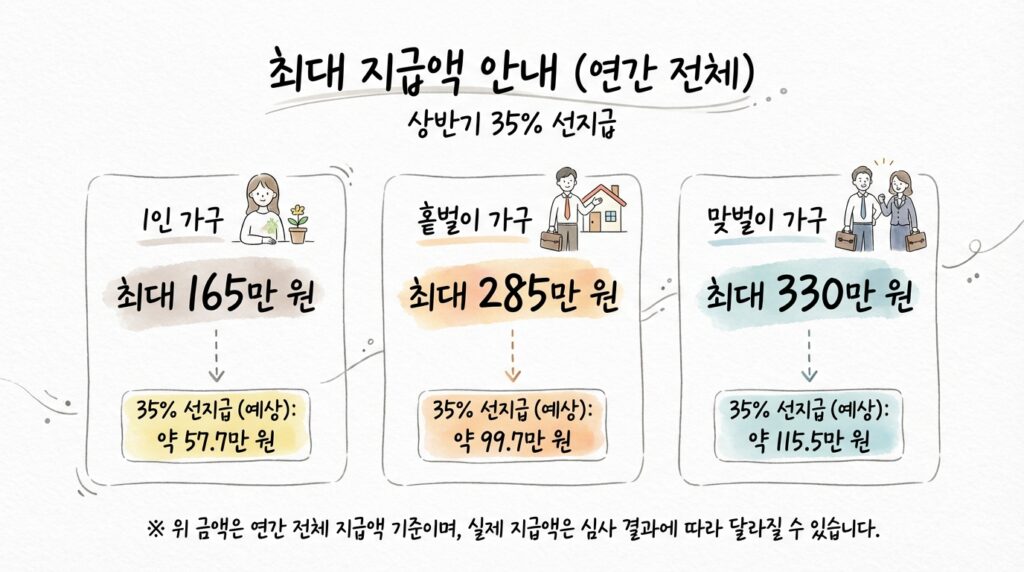 지급액은 얼마일까
단독 가구: 최대 165만 원

홑벌이 가구: 최대 285만 원

맞벌이 가구: 최대 330만 원