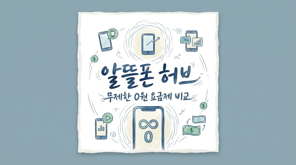 알뜰폰 허브에서 제공하는 무제한 0원 요금제 비교 서비스 안내. 스마트폰 아이콘과 무제한 기호, 화폐 아이콘이 어우러진 일러스트