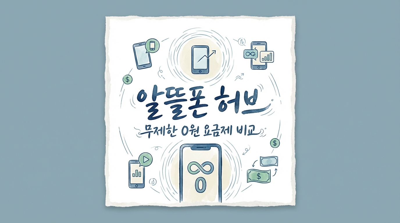 알뜰폰 허브에서 제공하는 무제한 0원 요금제 비교 서비스 안내. 스마트폰 아이콘과 무제한 기호, 화폐 아이콘이 어우러진 일러스트